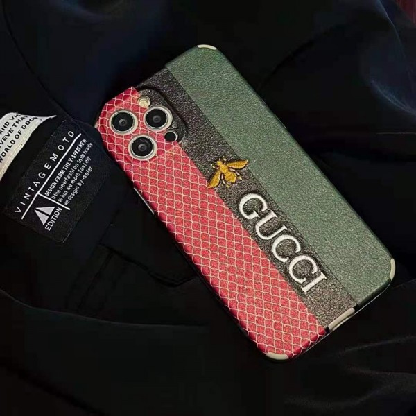 Gucci 刺繍ロゴ レザー ビーiPhone13 pro maxハードケース HUAWEI P40 PROカバー グッチ ブランド アイフォン12mini 12 pro max携帯ケース 赤 緑 黒 三色の色組み合わせ